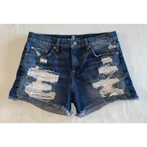 7 For All Mankind Women's Roll Up Jean Denim Shorts‎ Blue Size 30 Raw Hem